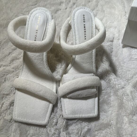 Good American White Terry Heels Size 11 Strappy 4" High Preppy Shoe Neutral Chic - Picture 5 of 11